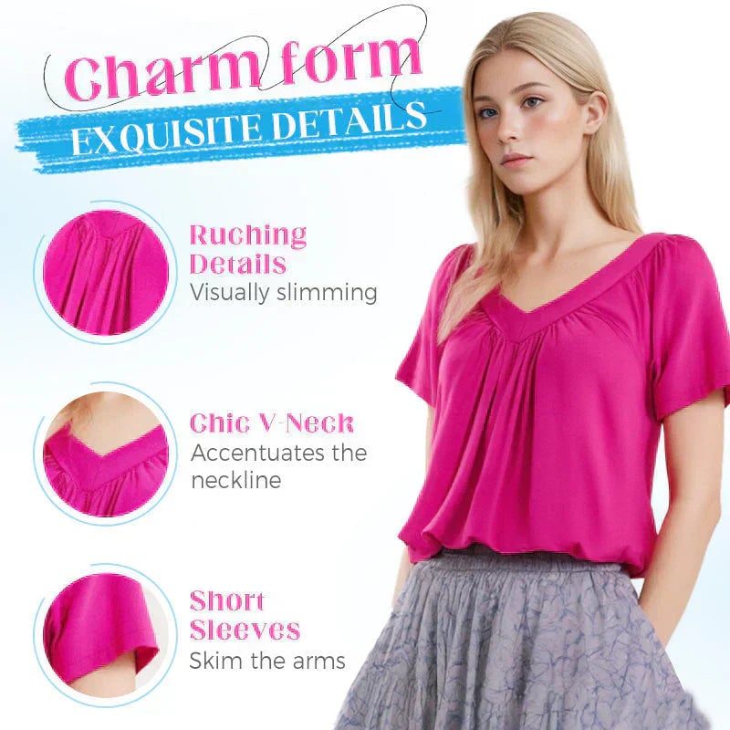 🎁Women's Casual Pleated V-Neck Short-Sleeve Top