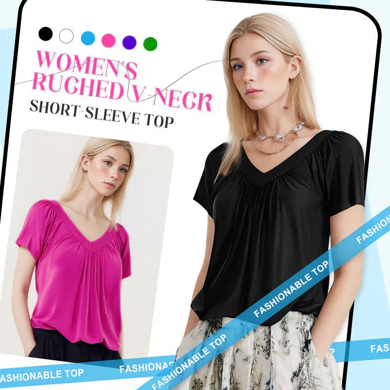 🎁Women's Casual Pleated V-Neck Short-Sleeve Top