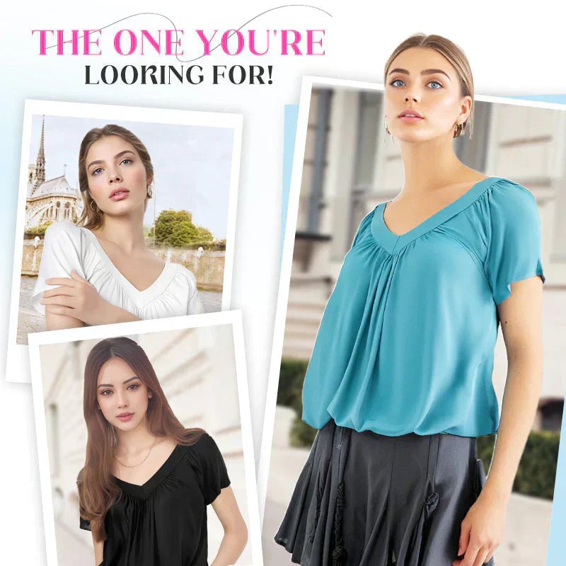 🎁Women's Casual Pleated V-Neck Short-Sleeve Top