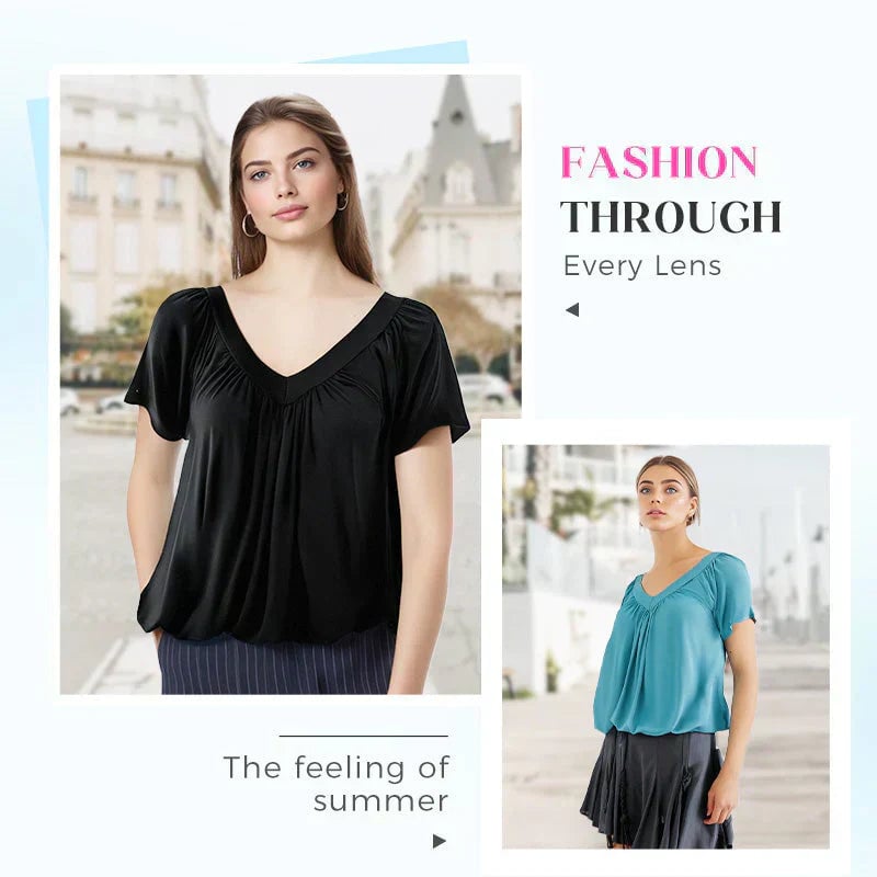 🎁Women's Casual Pleated V-Neck Short-Sleeve Top